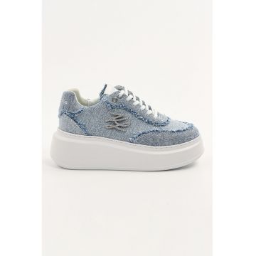 Pantofi sport wedge din material textil - Albastru deschis melange