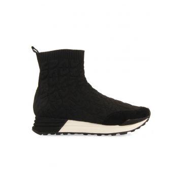 Pantofi sport din plasa tricotata cu garnituri de piele intoarsa - Negru