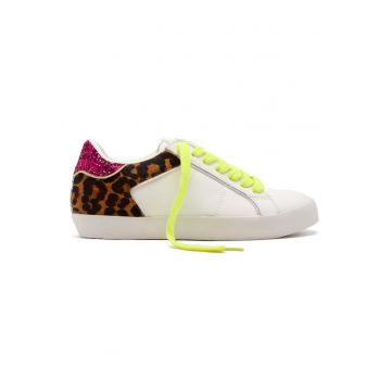 Pantofi sport de piele si piele ecologica cu detaliu stralucitor - Alb/Maro