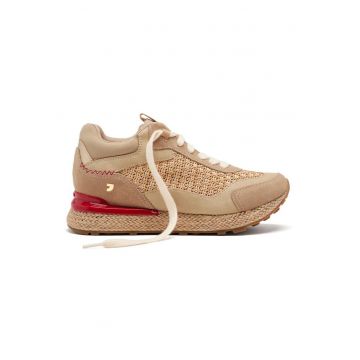 Pantofi sport din piele si rafie - Bej