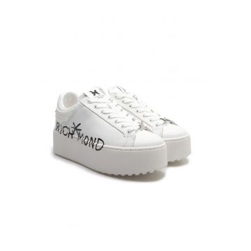 Pantofi sport cu talpa inalta si logo tip graffiti - Alb -