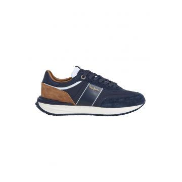 Pantofi sport din material textil cu talpa plata si insertii din piele intoarsa