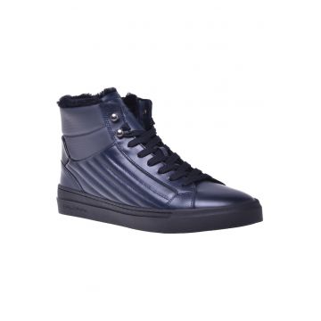 Pantofi sport mid-high din piele cu captuseala de blana - Albastru inchis