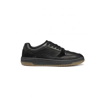 Pantofi sport de piele si piele intoarsa cu talpa plata si insertii textile