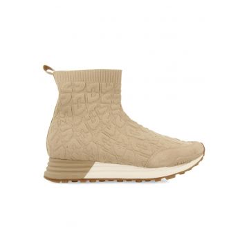 Pantofi sport din plasa tricotata cu garnituri de piele intoarsa - Maro taupe