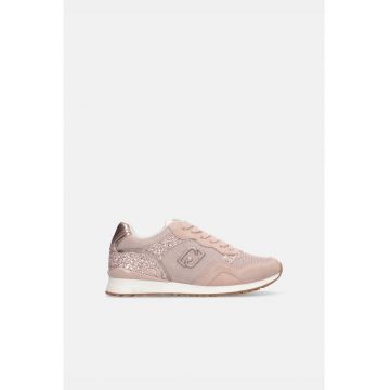 Pantofi sport de piele intoarsa si material textil cu detalii cu aspect stralucitor