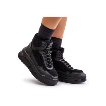 Tenisi dama - Lee Cooper - cu platforma - blana de oaie - negru - piele ecologica/textil