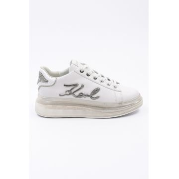 Pantofi sport din piele cu aplicatie logo - Alb/Argintiu