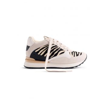 Pantofi sport wedge cu animal print si insertii de piele intoarsa - Alb/Negru