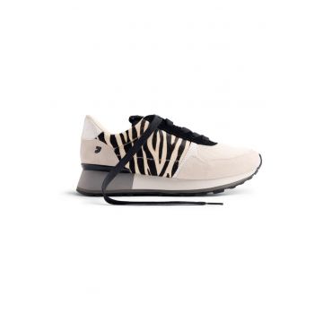 Pantofi sport wedge de piele intoarsa cu animal print - Alb/Negru