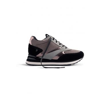 Pantofi sport wedge de plasa cu insertii de piele intoarsa - Negru