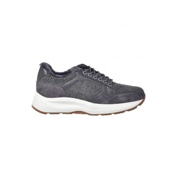 Pantofi sport dim piele intoarsa si material textil cu captuseala din blana de miel - Gri