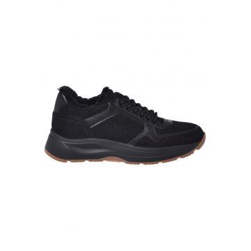 Pantofi sport dim piele intoarsa si material textil cu captuseala din blana de miel - Negru