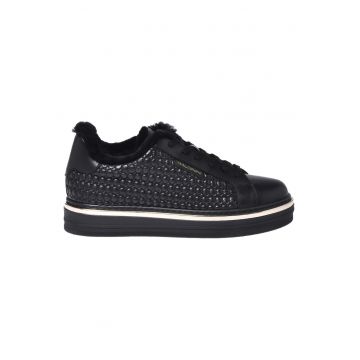 Pantofi sport flatform din piele cu sireturi - Negru