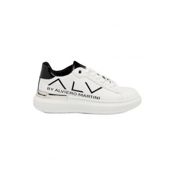 Pantofi sport wedge din piele ecologica cu logo Eolara - Alb/Negru