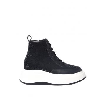 Pantofi sport din piele si piele intoarsa cu strasuri