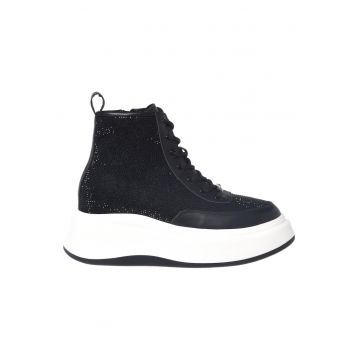 Pantofi sport din piele si piele intoarsa cu strasuri - Negru