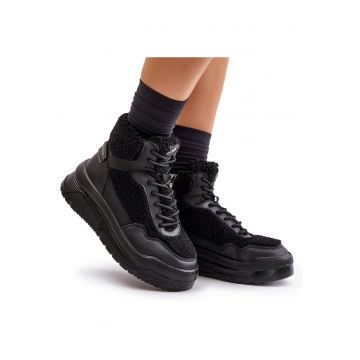 Tenisi dama - Lee Cooper - cu platforma - blana de oaie - negru - piele ecologica/textil