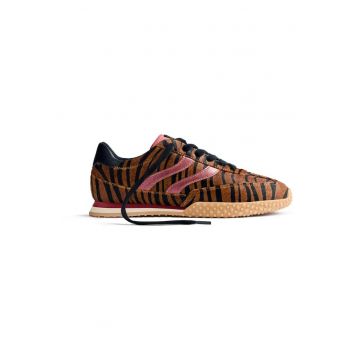Pantofi sport din piele cu par scurt si piele cu animal print - Caramel/Alb murdar