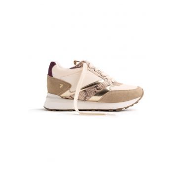 Pantofi sport wedge cu garnituri de piele intoarsa si material textil - Maro taupe