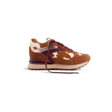 Pantofi sport wedge de piele cu animal print - Caramel/Alb murdar