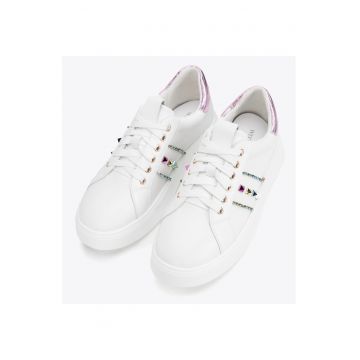 Tenisi dama  piele ecologica - alb - platforma - detalii decorative