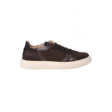 Pantofi sport din piele intoarsa cu insertii din piele ecologica - Maro inchis
