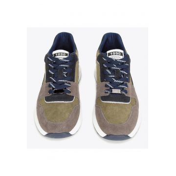 Tenisi barbatesti  piele intoarsa - insertie reflectorizanta - verde-gri