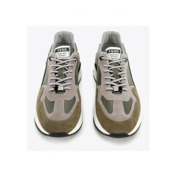 Tenisi barbatesti  piele naturala - insertii din piele intoarsa - verde si gri