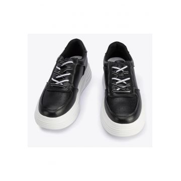 Tenisi dama  piele naturala - talpa groasa - negru - cu sireturi