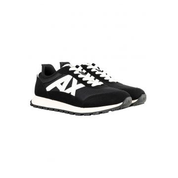 Pantofi sport din material sintetic cu garnituri de plasa si logo - Alb/Negru