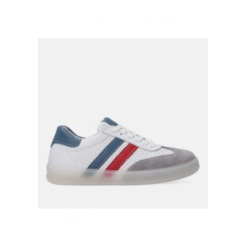 Pantofi sport din piele - cu garnituri de piele intoarsa si perforatii - Alb - Gri -