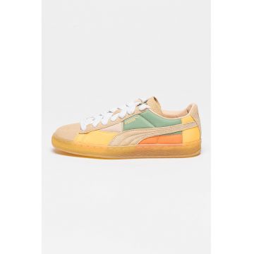 Pantofi sport cu model colorblock si garnituri de piele intoarsa - Verde/Maro nisip