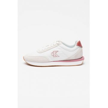 Pantofi sport de piele intoarsa cu garnituri din material textil - Alb/Roz zmeuriu/Bej deschis