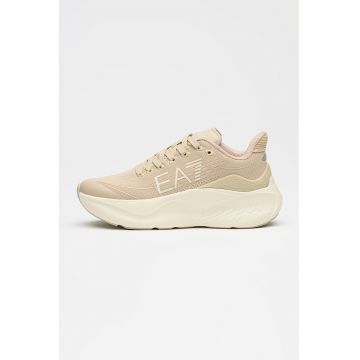 Pantofi sport cu logo si talpa wedge - Alb/Maro nisip