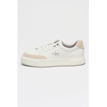 Pantofi sport de piele cu insertii de piele intoarsa - Alb murdar/Bej deschis