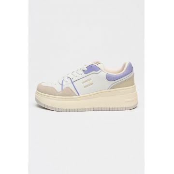 Pantofi sport wedge de piele si piele intoarsa Retro - Albastru lavanda/Maro taupe deschis/Alb murdar