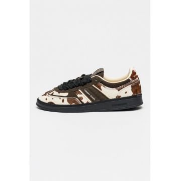 Tommy Hilfiger - Pantofi sport de piele cu par scurt si animal print - Negru stins/Alb murdar/Maro pamantiu