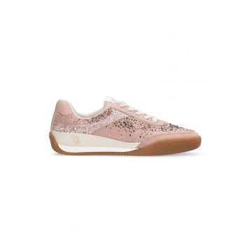 Pantofi sport de piele si material textil decorati cu strasuri - Caramel/Alb murdar/Roz prafuit