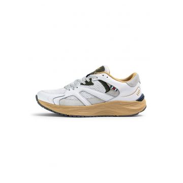 Pantofi sport de piele cu garnituri din material textil Neon - Alb/Portocaliu/Kaki inchis