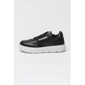 Pantofi sport de piele cu platforma si logo - Negru