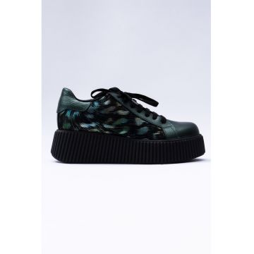 Pantofi sport flatform din piele cu imprimeu abstract - Verde/Negru