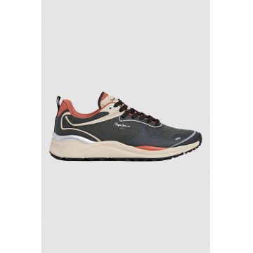Pantofi sport low-cut cu garnituri de piele ecologica - Coral/Kaki inchis/Gri inchis