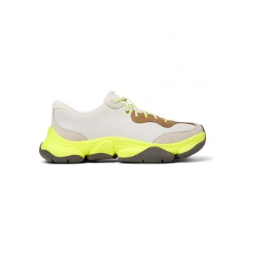 Pantofi sport uni de piele ecologica - Alb murdar/Verde lime