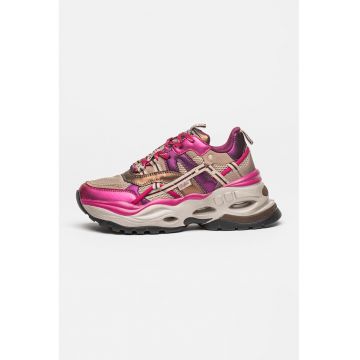 Pantofi sport wedge de plasa cu garnituri din material sintetic - Maro inchis/Maro taupe/Ametist