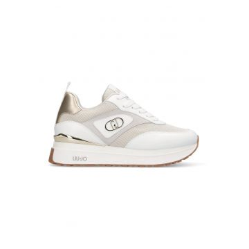 Pantofi sport cu talpa wedge si garnituri din piele - Alb/Bej deschis