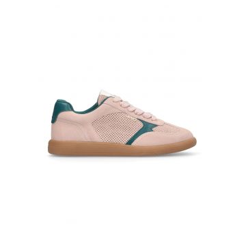 Pantofi sport de piele intoarsa si model perforat - Verde englez/Caramel/Roz prafuit