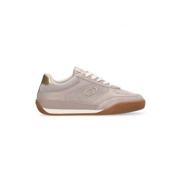 Pantofi sport din piele intoarsa cu talpa plata si insertii din piele ecologica - Maro taupe deschis