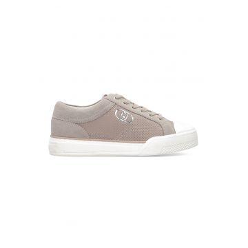 Pantofi sport din piele intoarsa si piele ecologica cu logo metalic - Maro taupe deschis/Alb murdar
