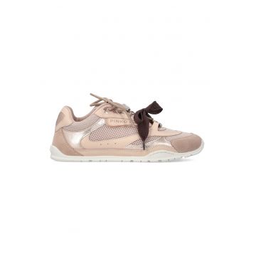 Pantofi sport din piele intoarsa si plasa Yulia - Maro taupe deschis/Auriu rose/Alb murdar